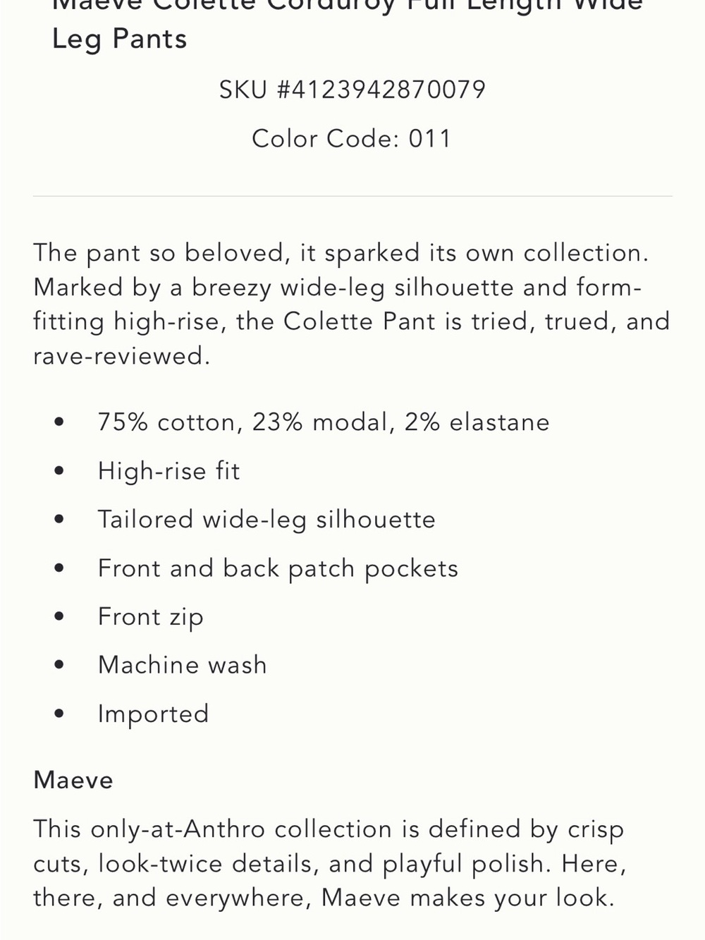 Anthropologie Maeve Colette Camel full length cords 34 NWT - Picture 7 of 8